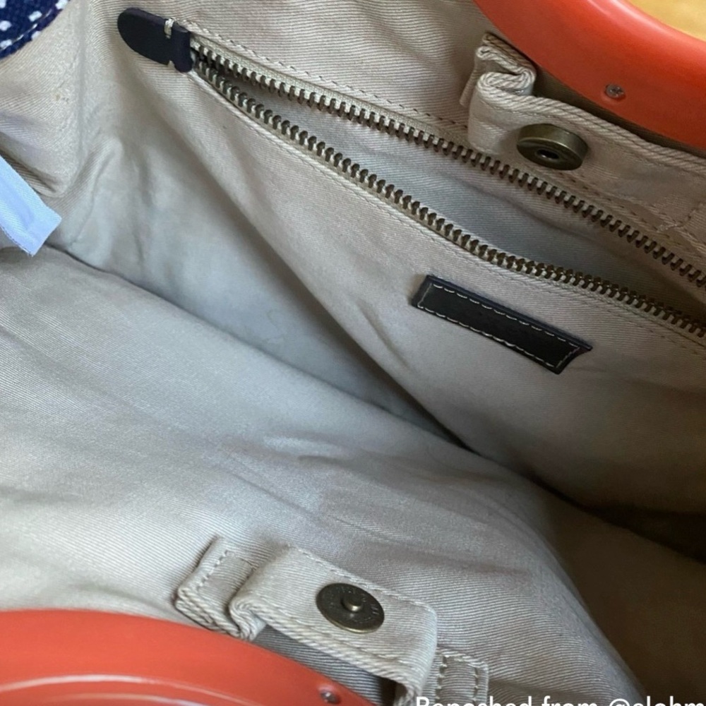 J.Crew Purse bag, cotton canvas navy-Royal & white pin dot Coral acrylic handles - Picture 3 of 14